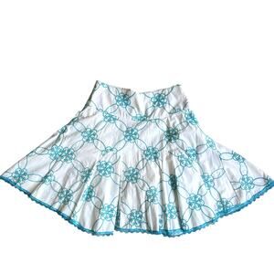 Love Soul White Cotton Embroidered Skirt Teal Lace Hem Flowy Boho Mini Waist 30